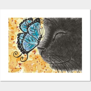 Black cat blue butterfly art Posters and Art